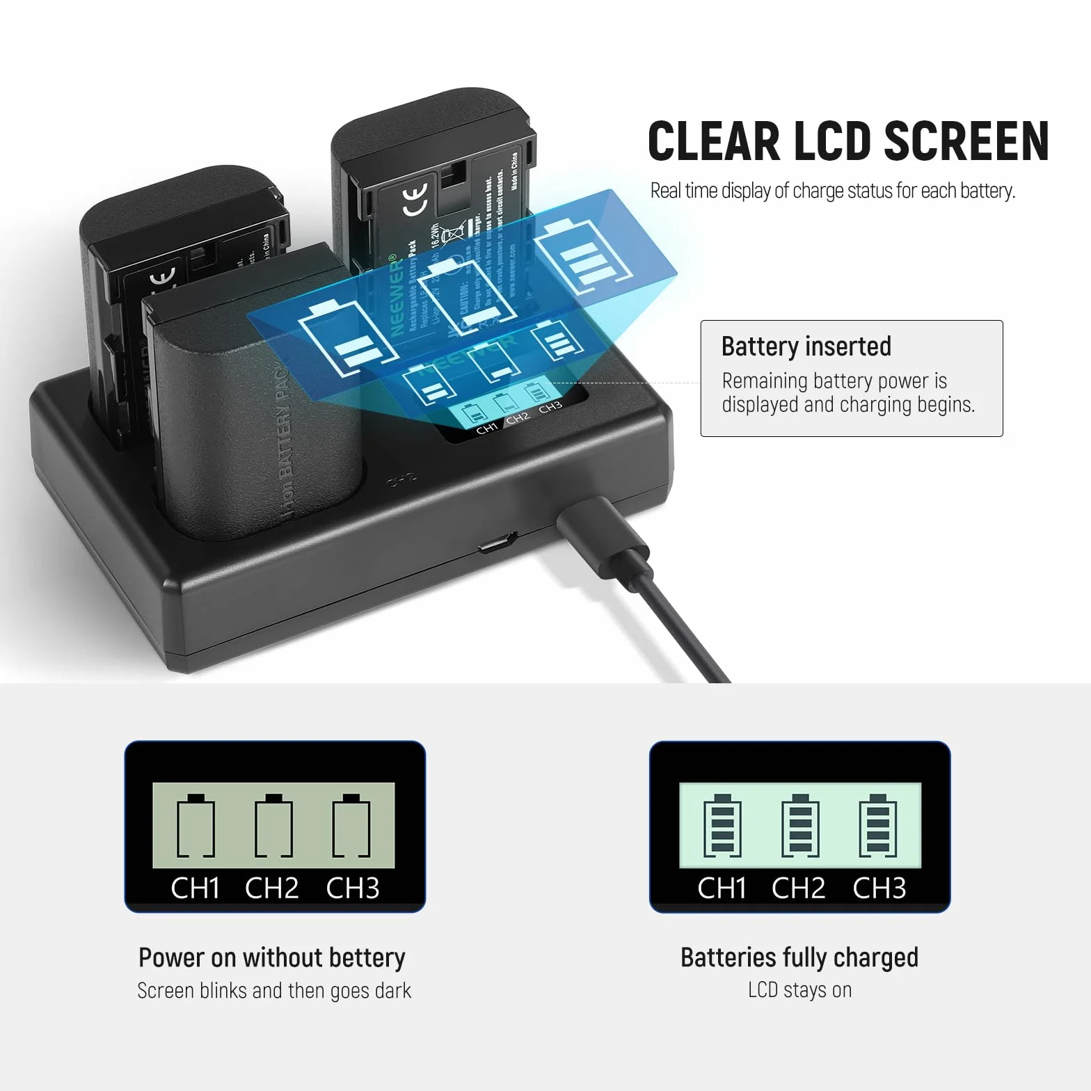 NEEWER LP-E6NH Lot de 3 Batteries de Rechange et Chargeur USB 2250 mAh pour LP-E6NH et Chargeur USB Triple Fente Compatible avec Canon EOS R7 R5 R6 R6 II R, 5DIV, 6DII, 7DII, 80D, 90D