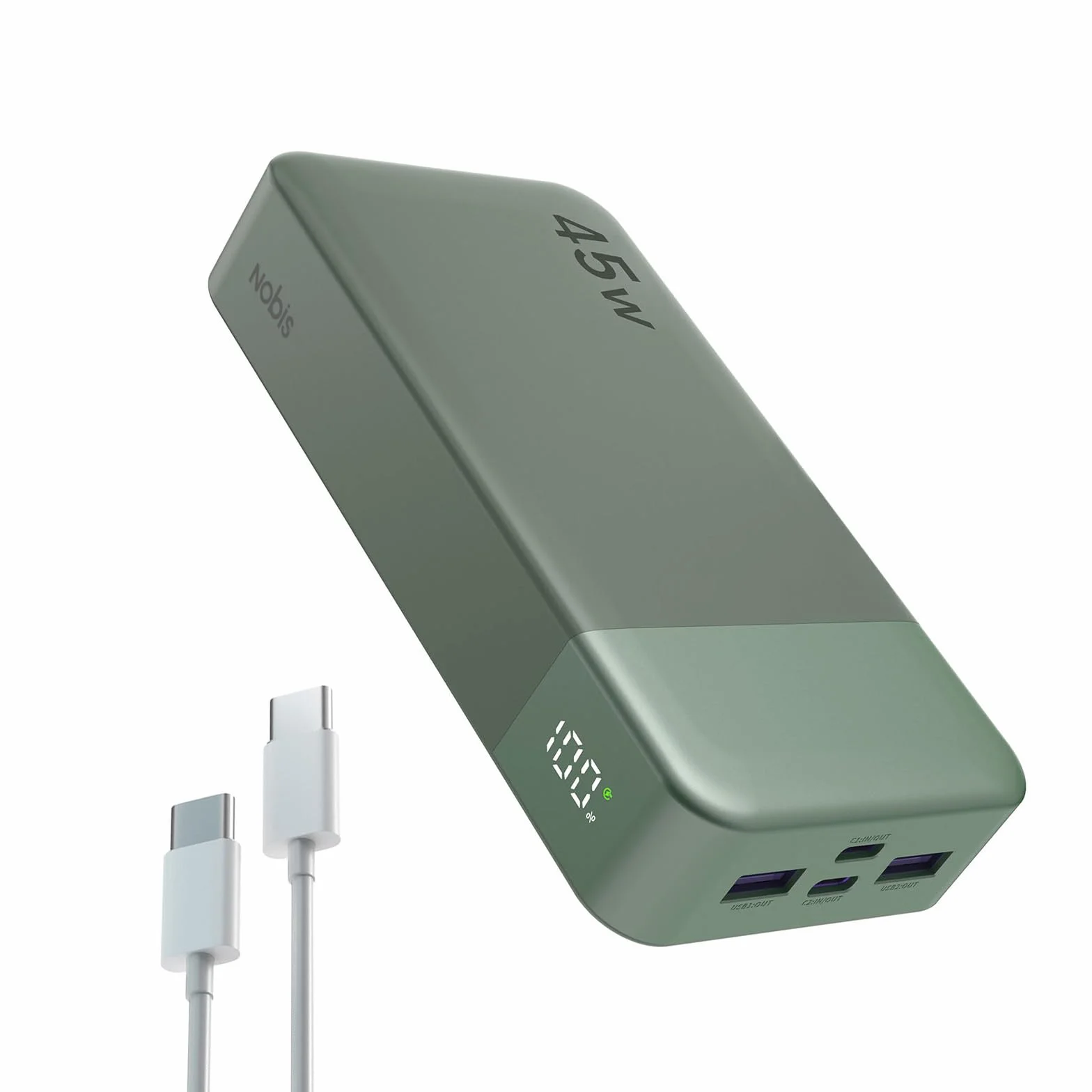 Nobis Batterie Externe 20000mAh Power Bank 45W USB-C Charge Rapide 4 Ports LED Vert