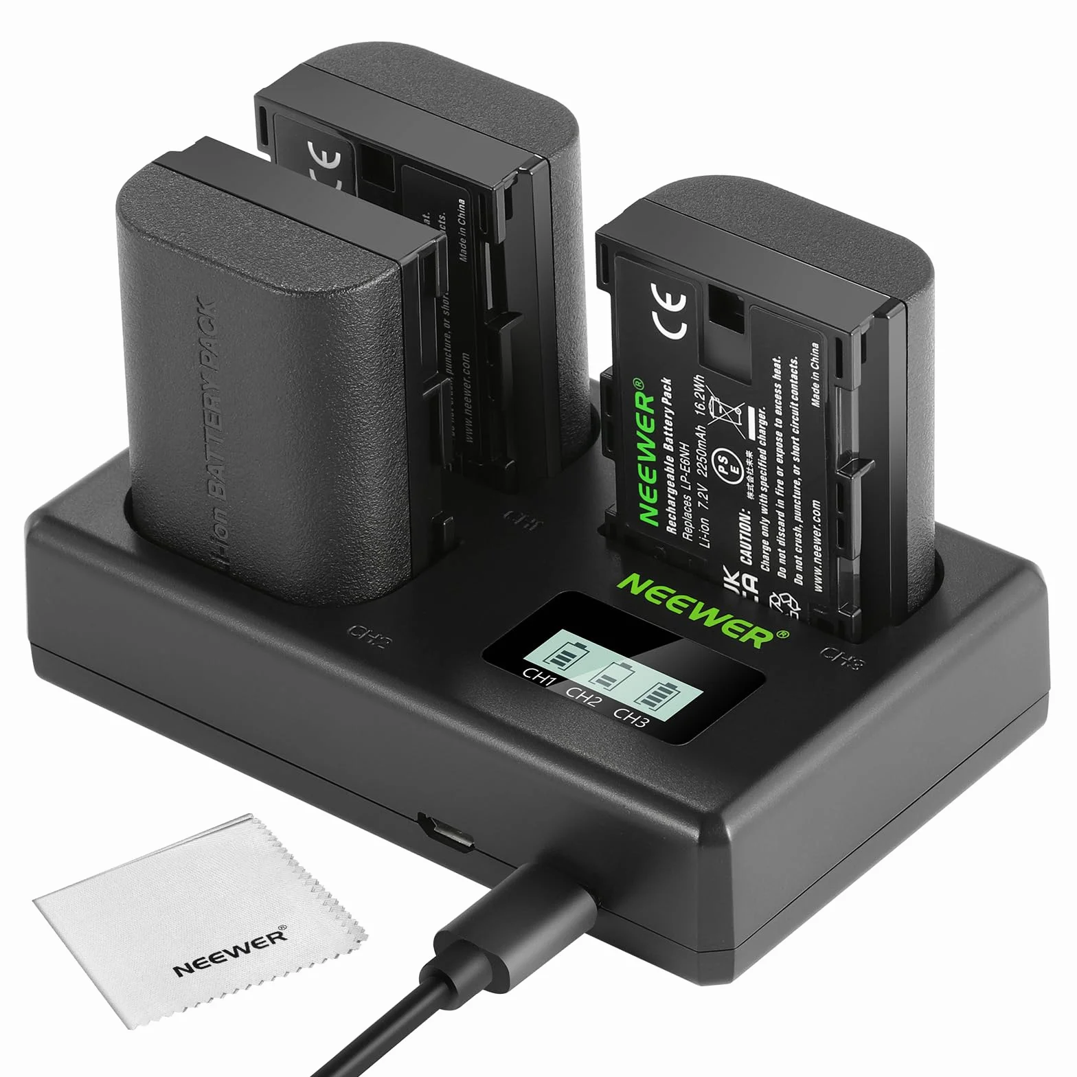 NEEWER LP-E6NH Lot de 3 Batteries de Rechange et Chargeur USB 2250 mAh pour LP-E6NH et Chargeur USB Triple Fente Compatible avec Canon EOS R7 R5 R6 R6 II R, 5DIV, 6DII, 7DII, 80D, 90D