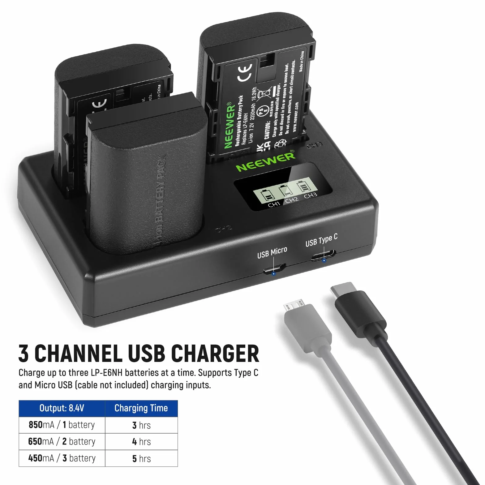 NEEWER LP-E6NH Lot de 3 Batteries de Rechange et Chargeur USB 2250 mAh pour LP-E6NH et Chargeur USB Triple Fente Compatible avec Canon EOS R7 R5 R6 R6 II R, 5DIV, 6DII, 7DII, 80D, 90D